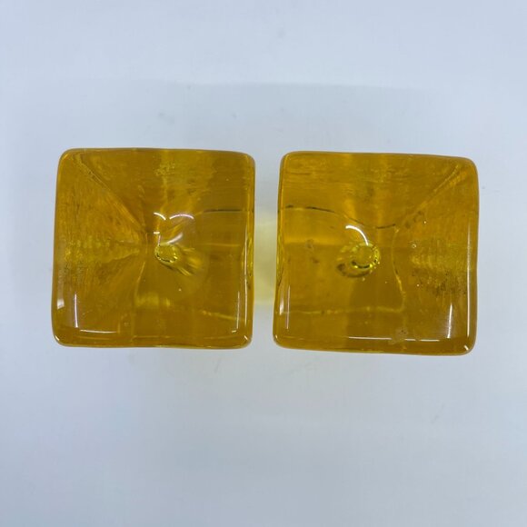 fire and light cast glass candle holders set of 2 citrus yellow signed - Picture 4 of 8